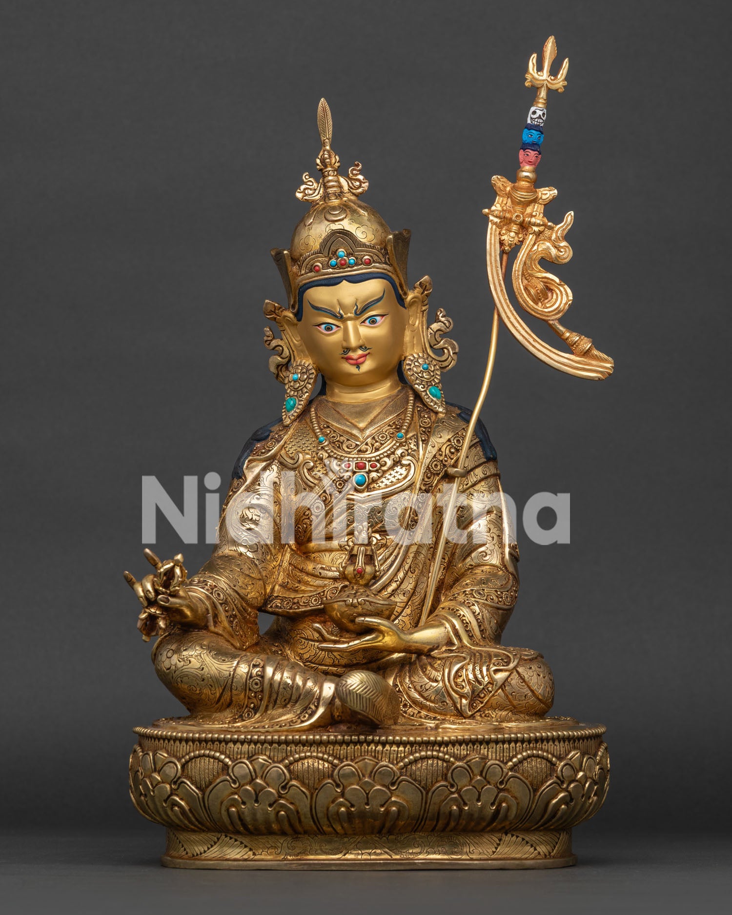 Guru Rinpoche Statue with Gold Fire Gilded Copper and Lotus Pedestal.