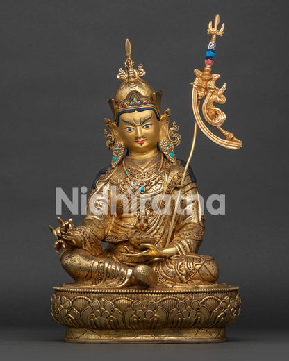 Guru Rinpoche Statue with Gold Fire Gilded Copper and Lotus Pedestal.