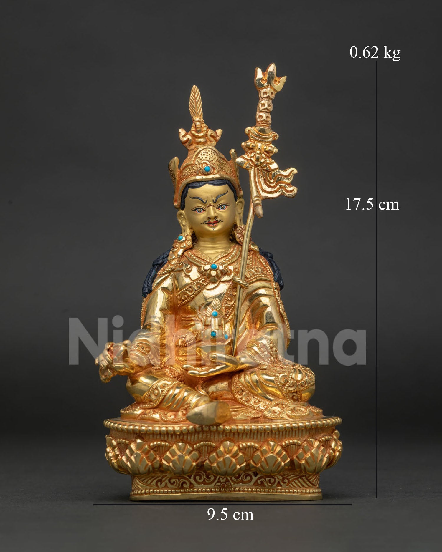 Guru Rinpoche statue with gold fire gilding by Newari artisans from Patan Nepal.