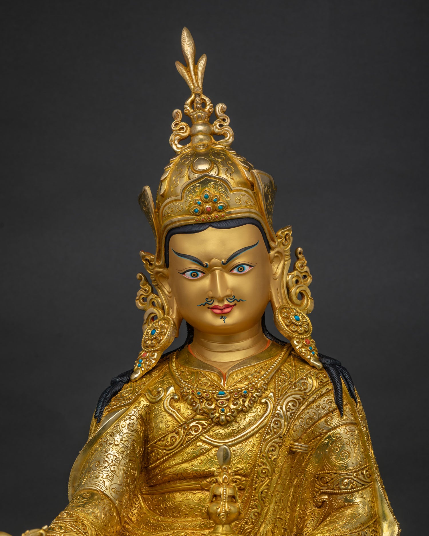 Guru Rinpoche Statue with Gold Painted Face and Floral Robes