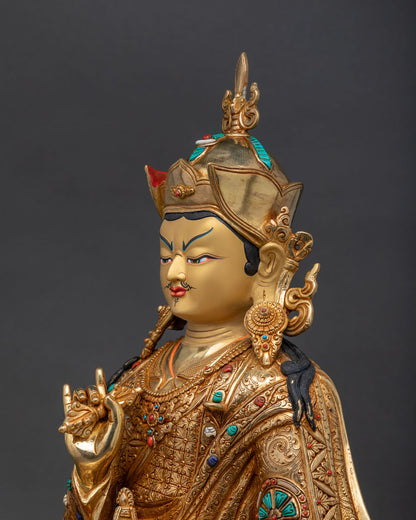 Guru Tsokye Dorje Statue detailed side close up, ornate Tirpatika robe and turquoise coral details