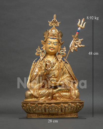Guru Tsokye Dorje statue front view, 24K gold fire-gilded copper Lake-Born Guru Rinpoche sculpture