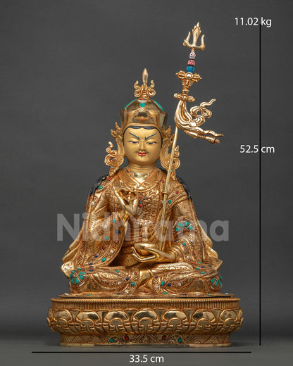 Guru Tsokye Dorje Statue front view, 24K gold fire-gilded copper, turquoise and coral inlays