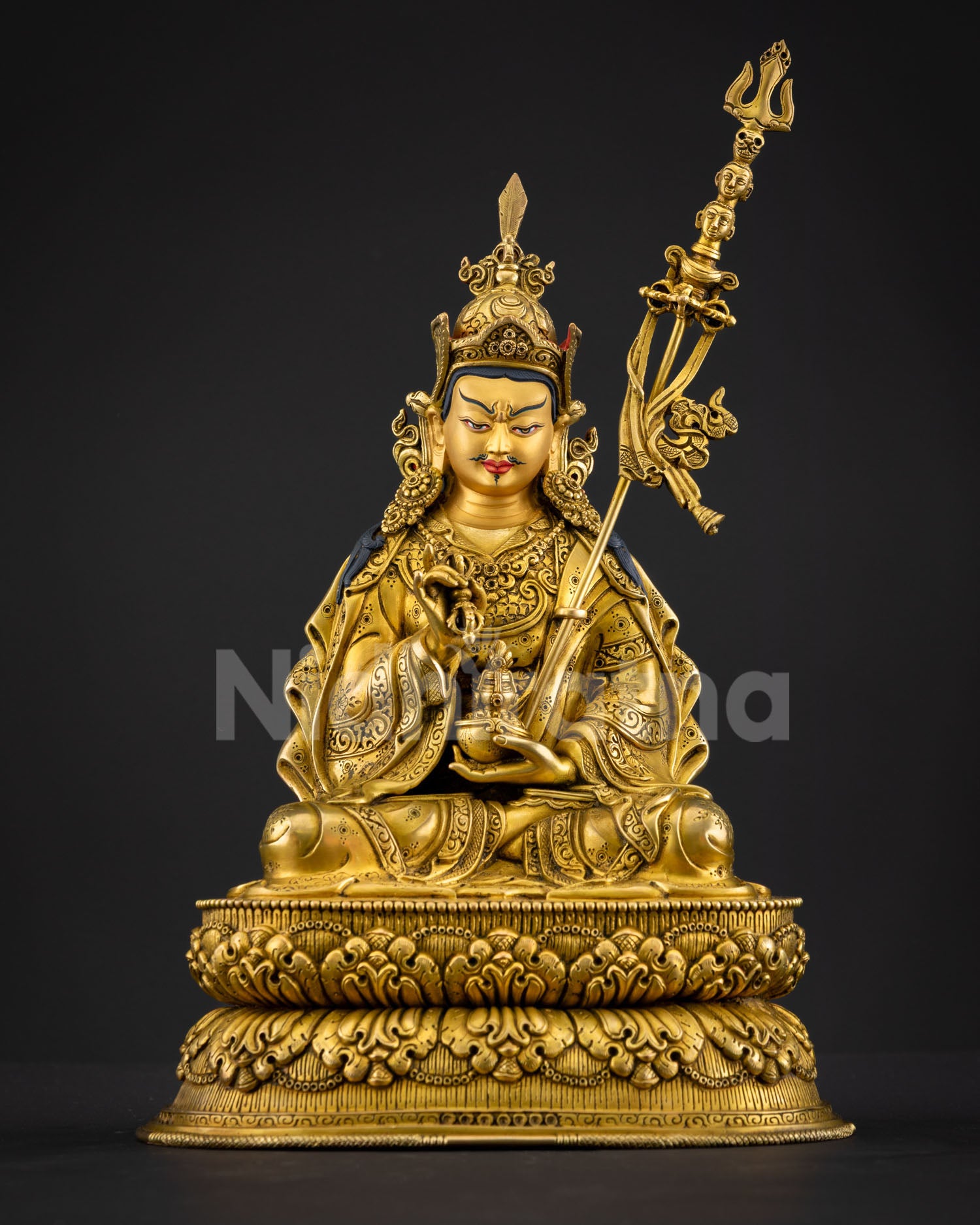 Guru Tsokye Dorje statue front view, gold-gilded Himalayan Buddhist artwork from Nepal