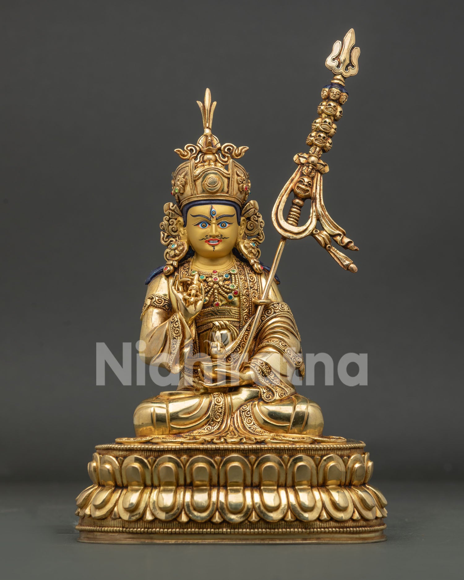 Guru Tsokye Dorje Statue handmade in Nepal with 24K gold gilding and copper lotus throne