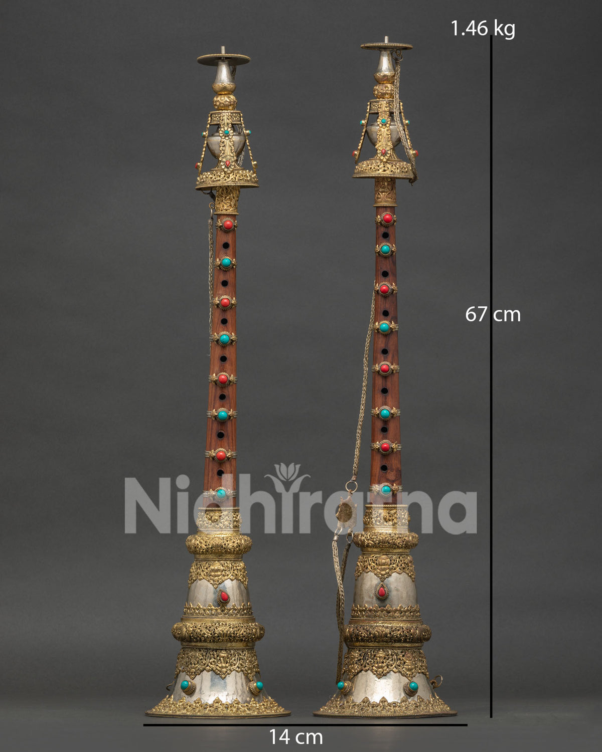 Gyaling set, handcrafted by Newari artisans in Patan, Nepal with gold and silver plated copper