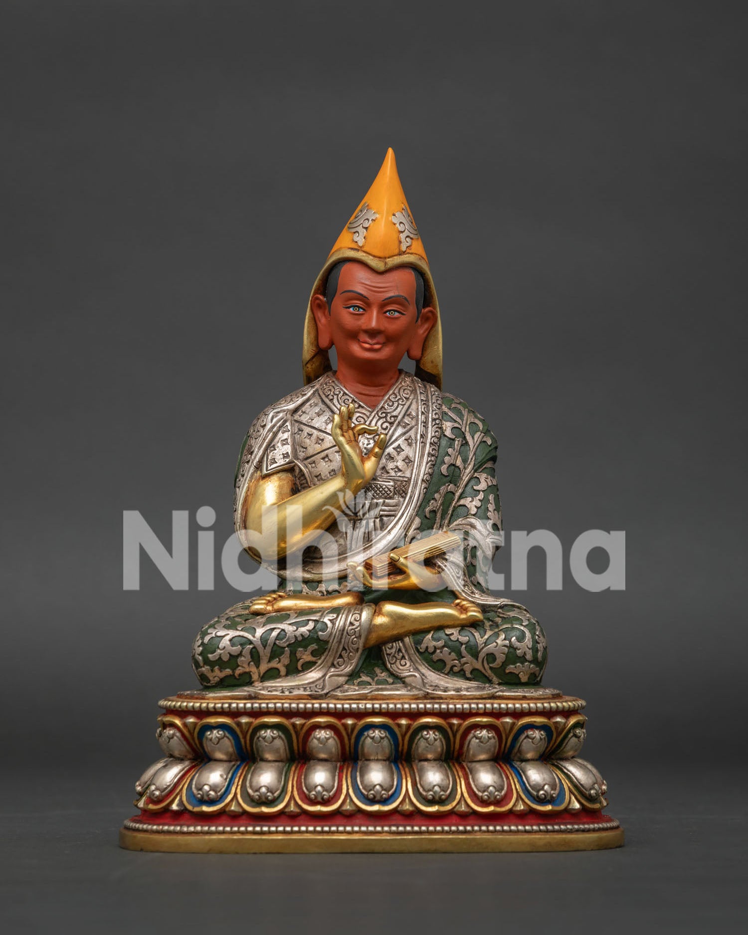 gyaltsab je statue handcrafted in nepal with silver plated robes and gold gilded lotus throne