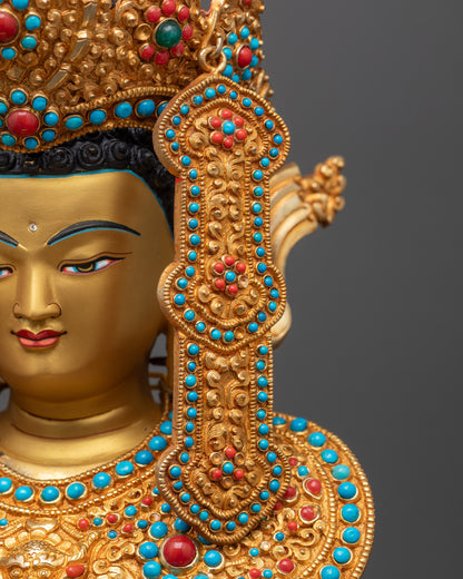 half left close up face Jowo Shakyamuni Rinpoche statue showing serene gaze and jeweled adornment