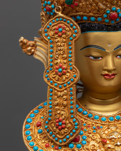 half right close up face Jowo Shakyamuni Rinpoche statue with tranquil expression and crown gems