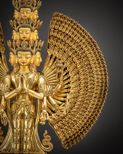 halo detail Thousand Armed Avalokiteshvara Chenrezig statue red and gold mandorla Nepal
