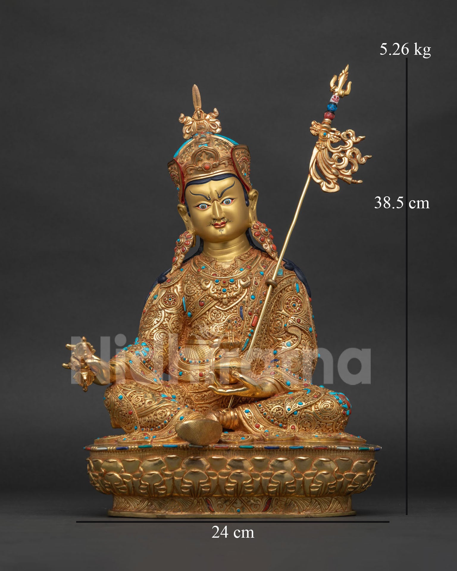 Hand-carved copper Guru Rinpoche statue with 24K gold fire-gilding, front view