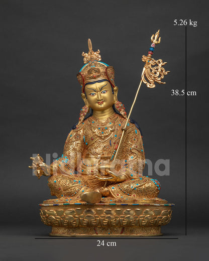 Hand-carved copper Guru Rinpoche statue with 24K gold fire-gilding, front view