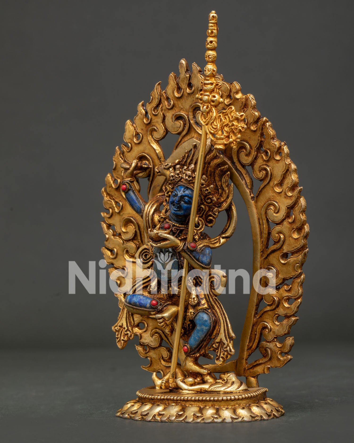 Hand-carved Dorje Phagmo Vajrayogini Statue with coral inlays and handcrafted copper ornaments