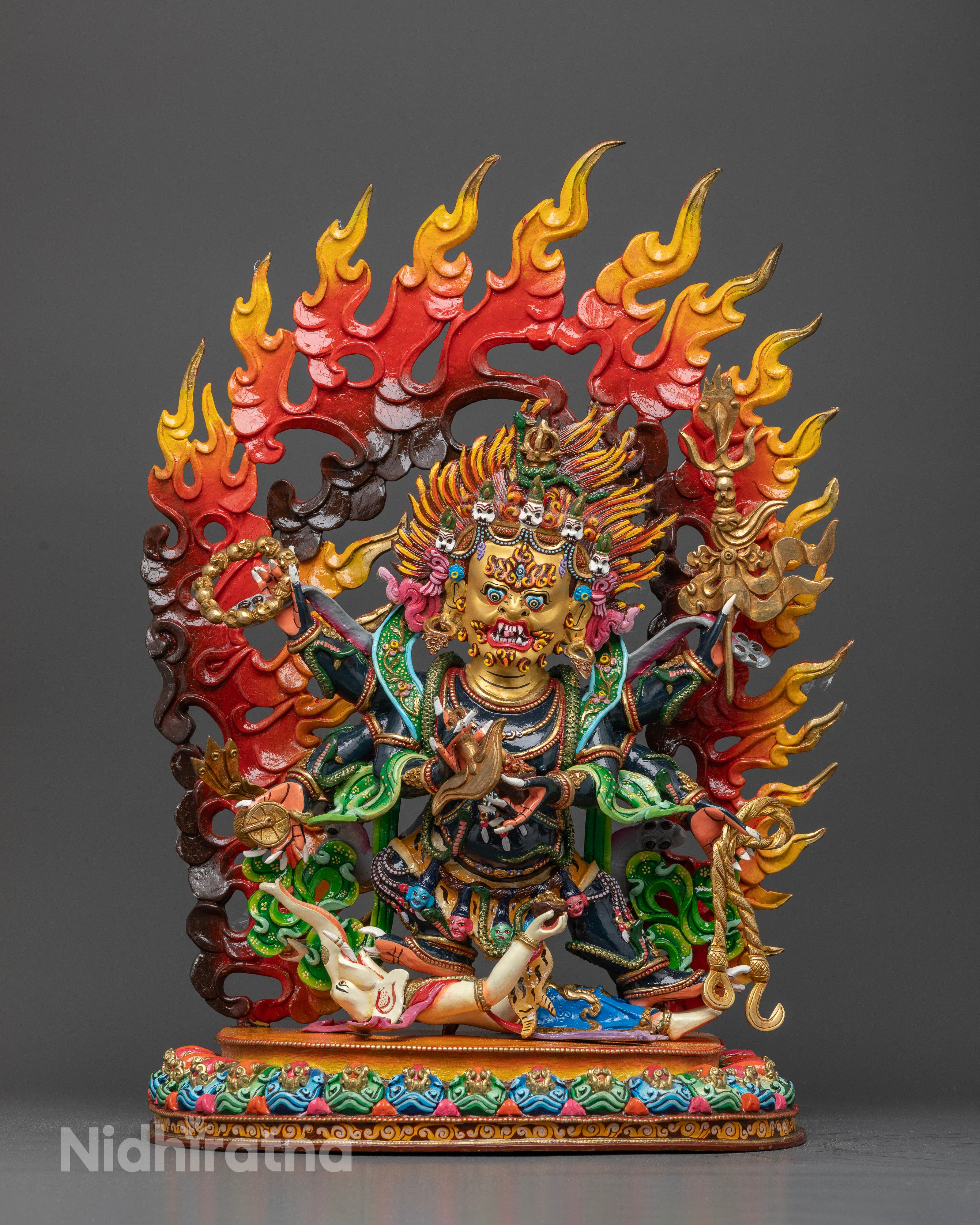 Hand-Carved Six-Armed Mahakala Statue Crafted by Newari Artisans in Nepal.