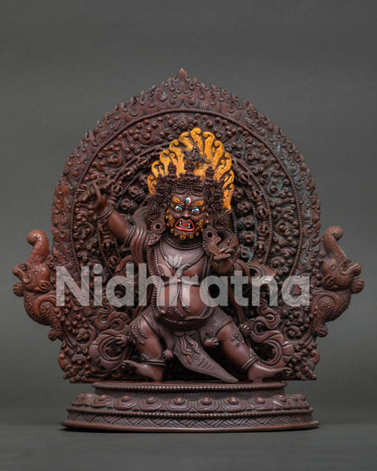 Hand-Carved Vajrapani Statue Front View Oxidized Copper Buddhist Protector Made in Nepal