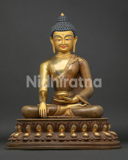 Hand-cast copper Shakyamuni Buddha statue in Bhumisparsha Mudra from Nepal