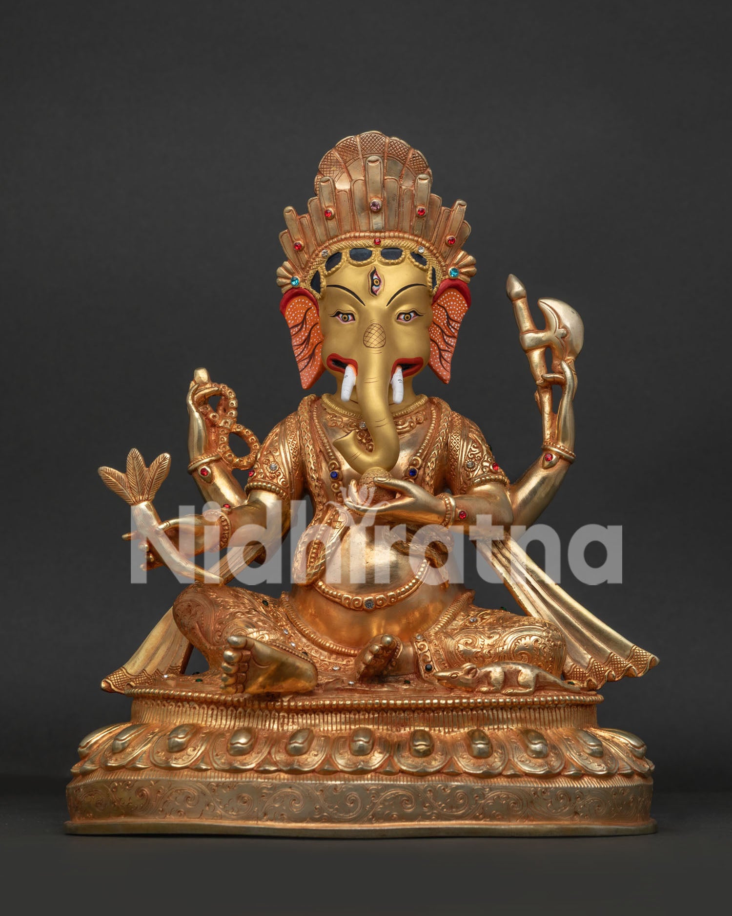 Handmade copper Ganesh statue with gold gilding and turquoise coral inlay, front view