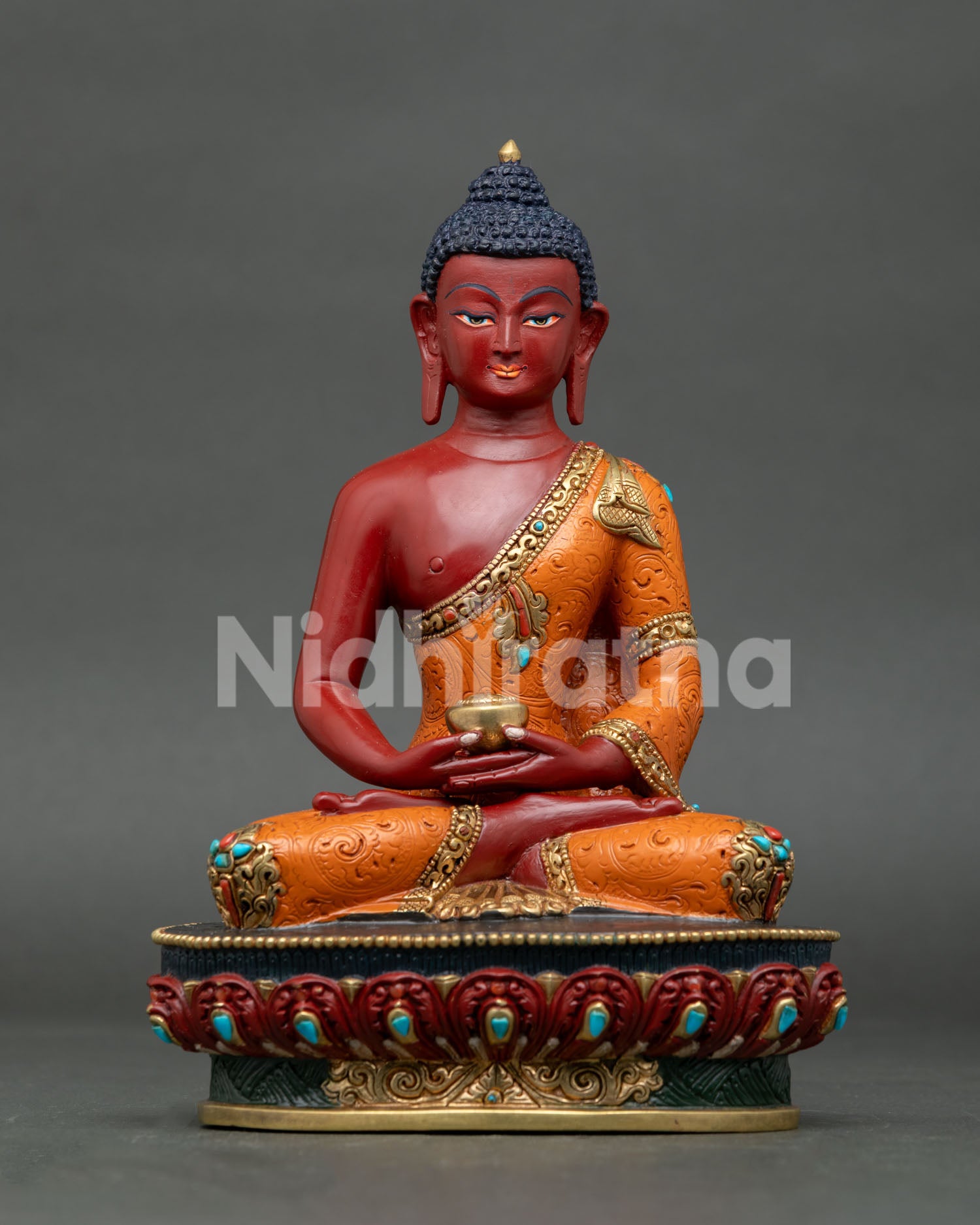 Hand-painted Amitabha Buddha statue from Nepal seated on lotus throne with meditation bowl