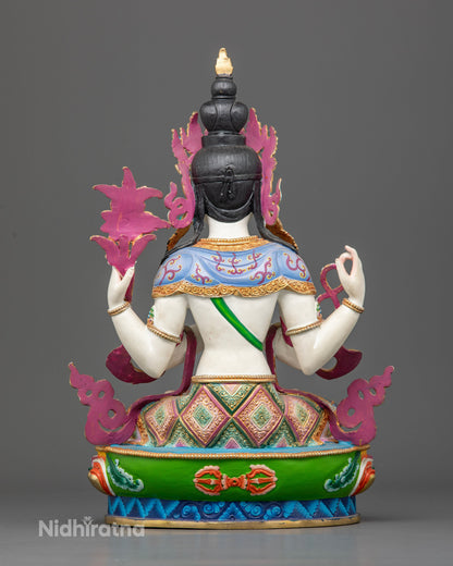 Hand painted Chenrezig Buddhist statue with intricate geometric robes and traditional Nepalese craftsmanship