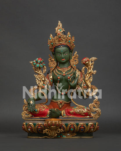 Hand Painted Green Tara Statue handcrafted in Patan Nepal with 24K gold gilded details