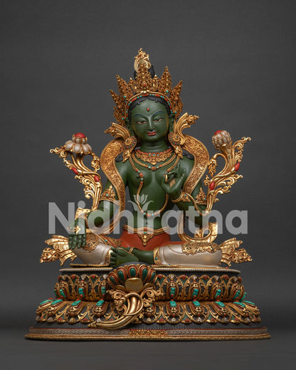 Hand-painted Green Tara Tibetan Buddhist statue with gold gilding and turquoise inlays on lotus throne