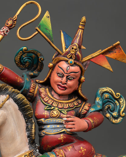 Hand-painted King Gesar of Ling Statue showing warrior armor, horse details and Himalayan craftsmanship