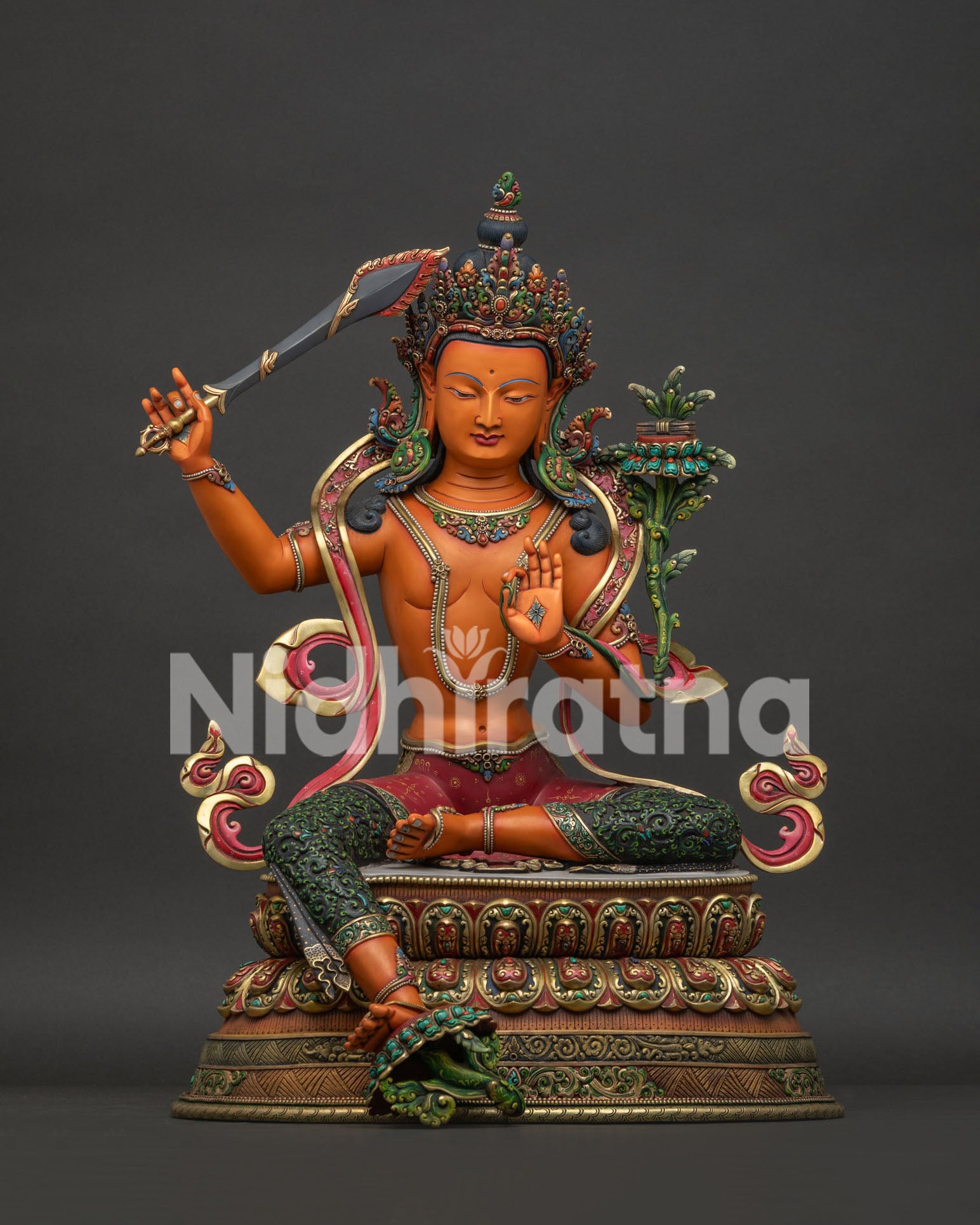 Hand-painted Manjushri copper statue seated in lalitasana holding wisdom sword Nepal Buddhist art