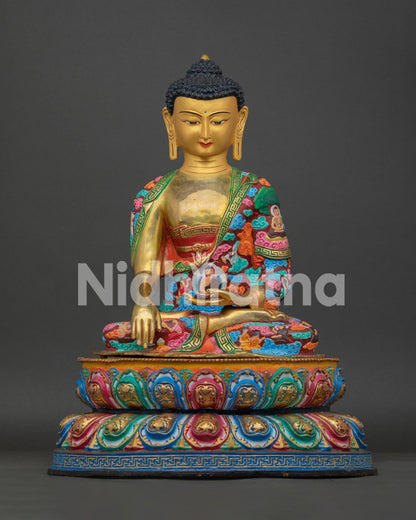 Hand-painted Shakyamuni Buddha statue, front view, copper sculpture by Newari artisans Nepal
