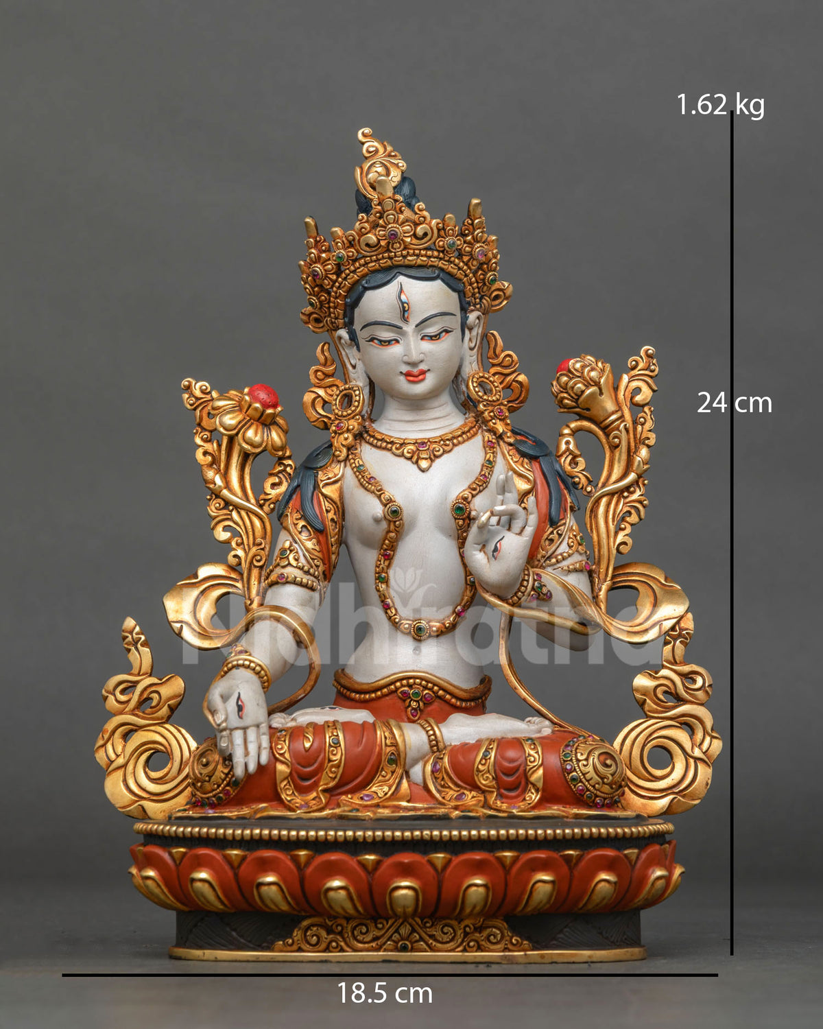 hand painted white tara statue front view with gold gilded crown and lotus pedestal