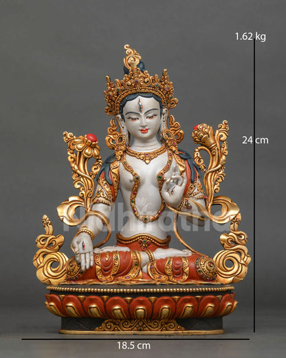 hand painted white tara statue front view with gold gilded crown and lotus pedestal