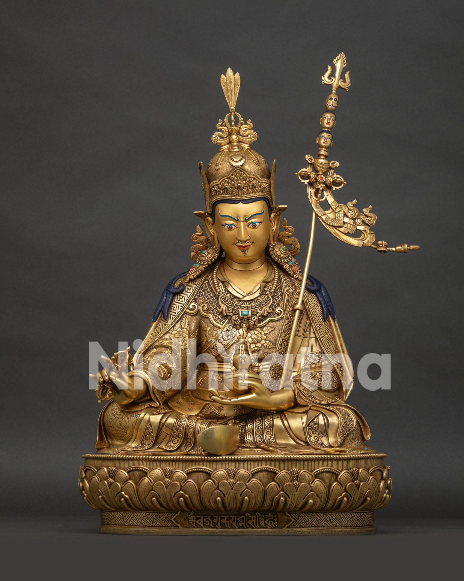 Handcrafted 24K gold-gilded Guru Rinpoche copper statue front view