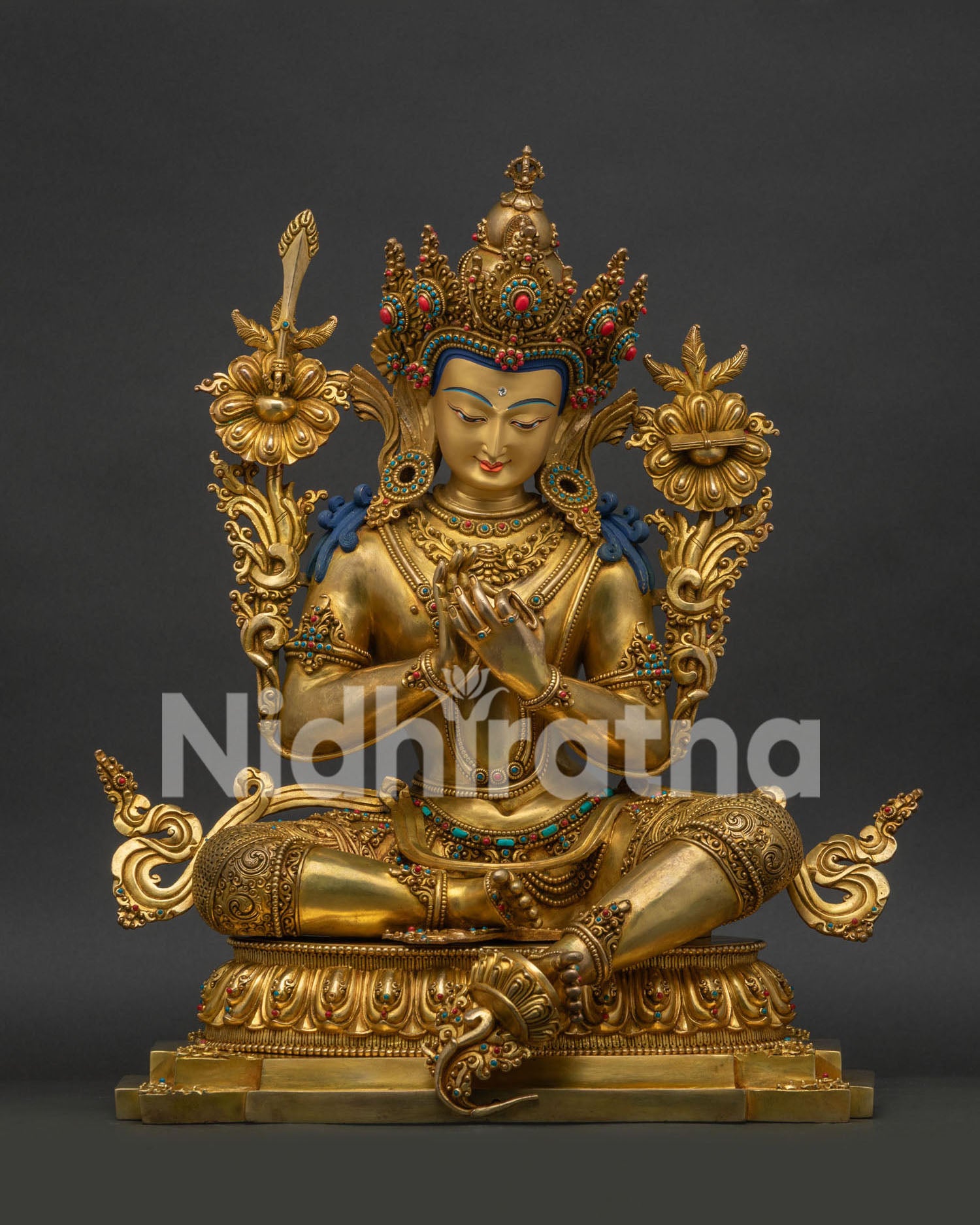 Handcrafted 24K gold gilded Tikshna Manjushri statue in lalitasana on lotus pedestal