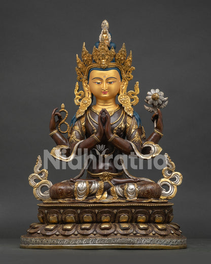 Handcrafted 4-armed Chenrezig Avalokiteshvara copper statue with gold gilding and lotus throne, front view.