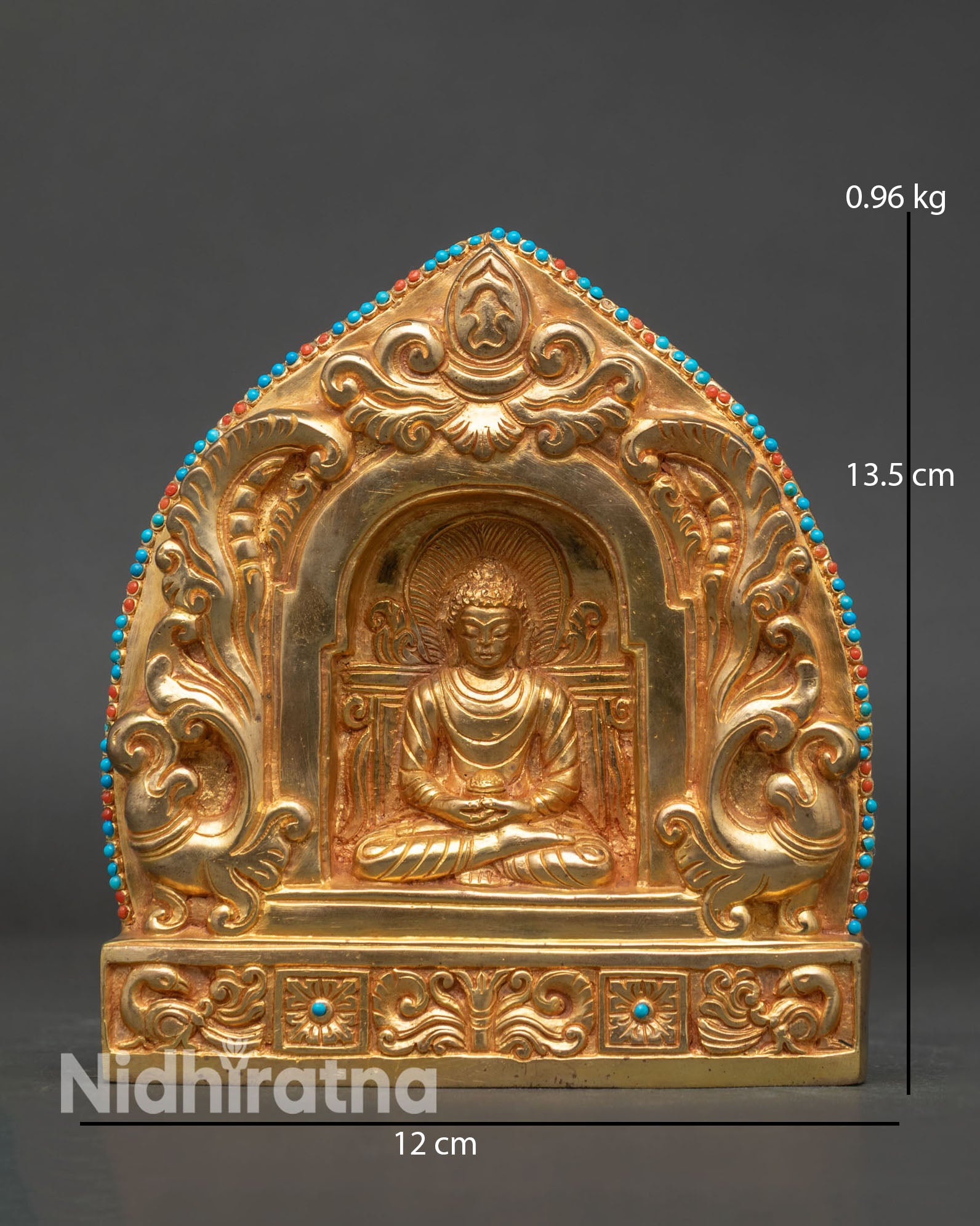 Handcrafted Amitabha Buddha Ghau Box from Nepal with gold-plated copper and gemstones