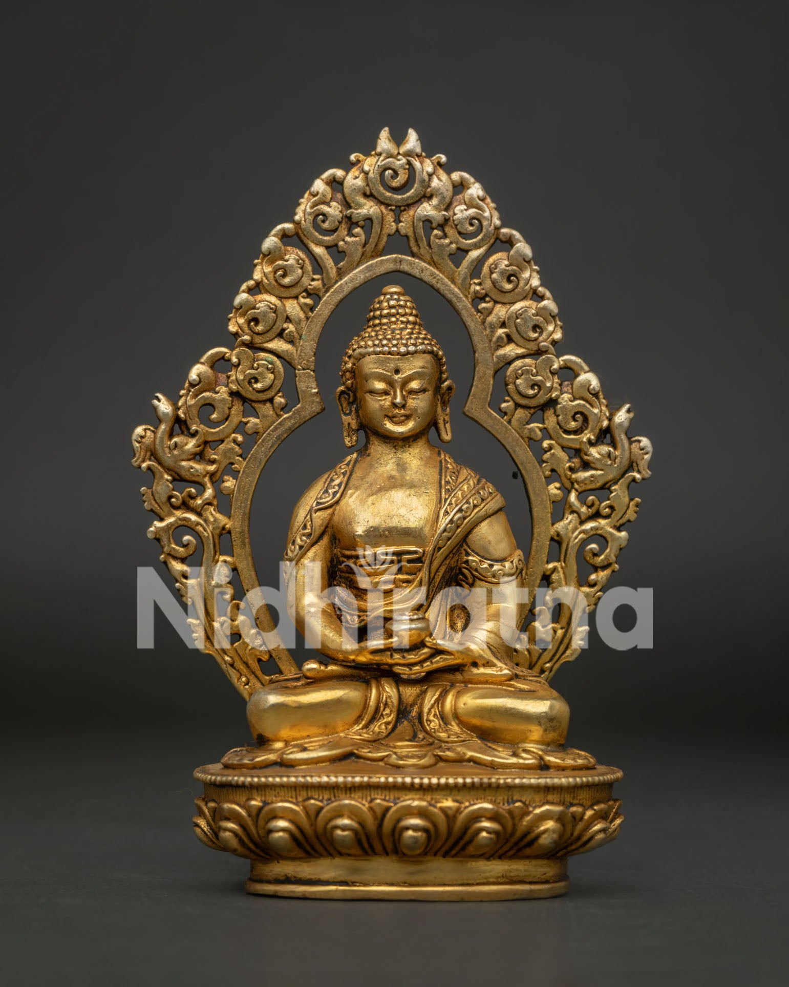 Handcrafted Amitabha Buddha Statue Front View Gold Fire Gilded Copper Nepal.