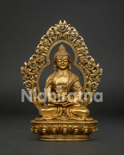 Handcrafted Amitabha Buddha Statue Front View Gold Fire Gilded Copper Nepal.