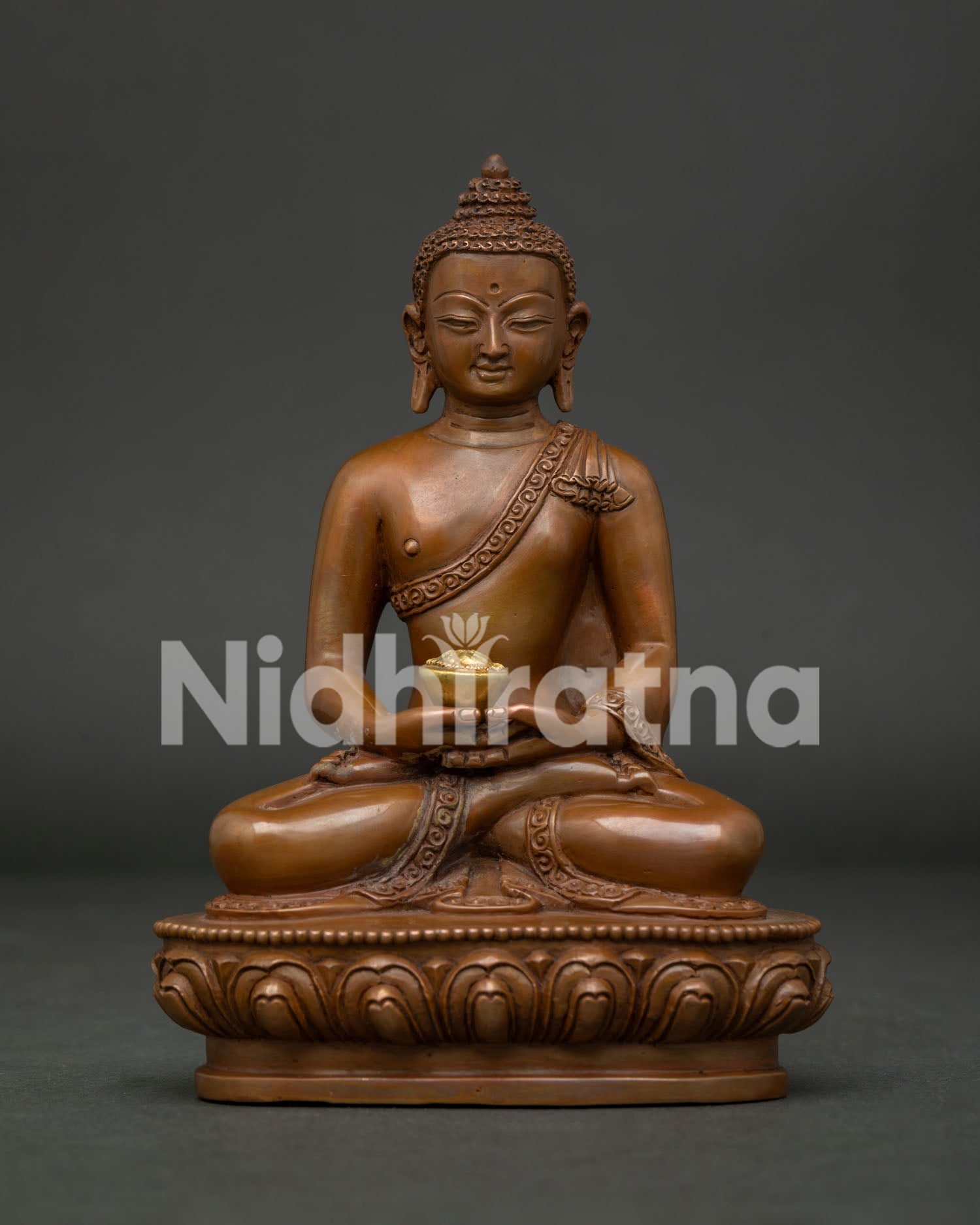 Handcrafted Amitabha Buddha Statue in Oxidized Copper by Newari Artisans Nepal.
