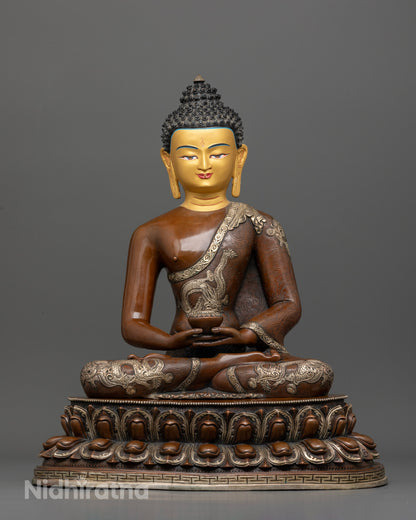Handcrafted Amitabha Buddha statue oxidized silver plated copper from Patan Nepal.