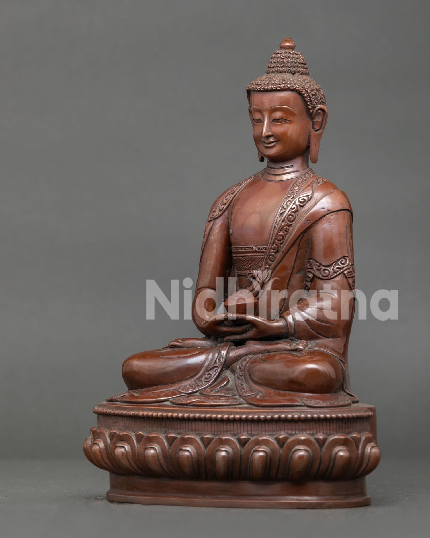 Handcrafted amitabha buddha statue with oxidized copper finish from patan nepal