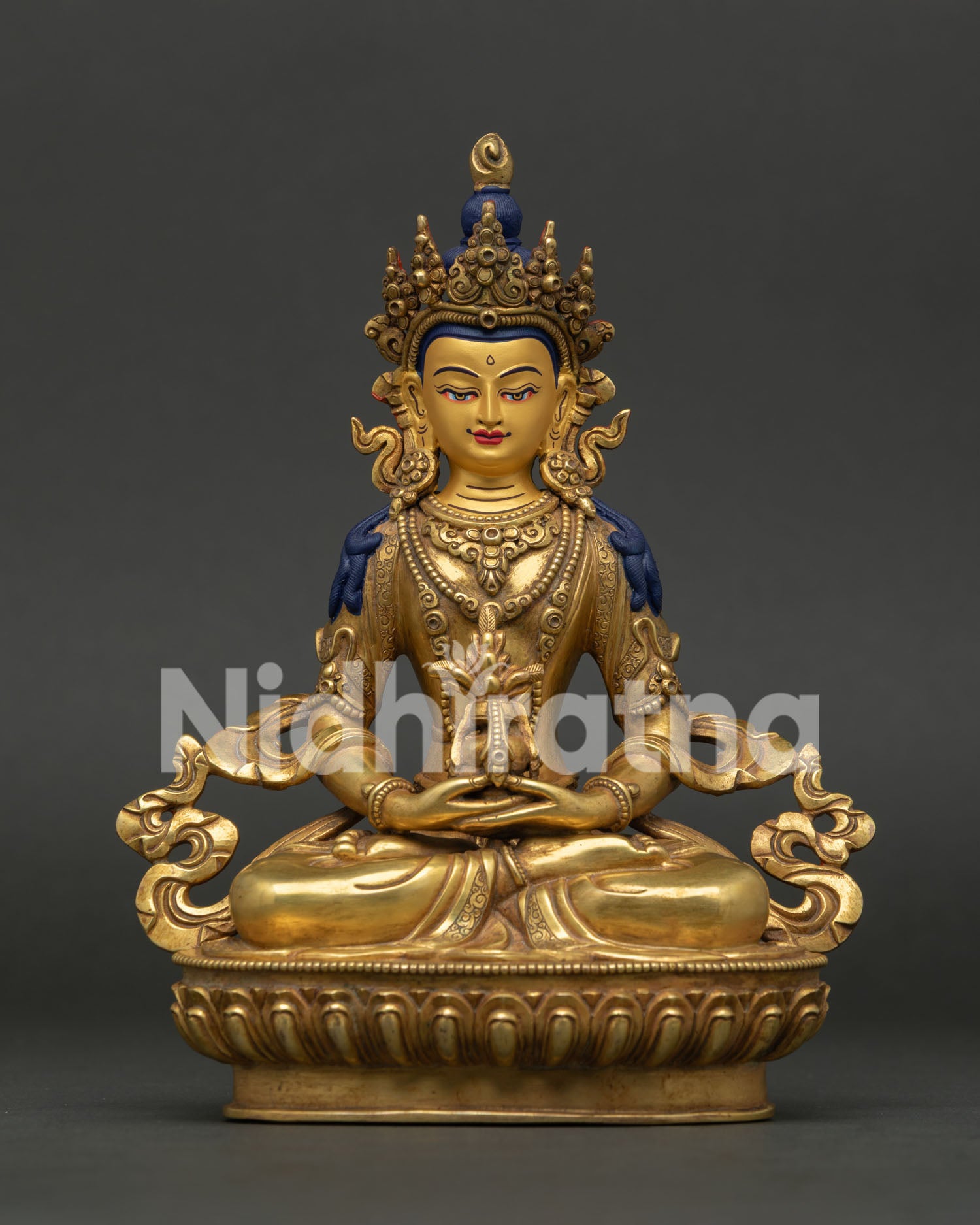 Handcrafted Amitayus Buddha on Lotus Throne Holding Tsebum Himalayan Buddhist Art.