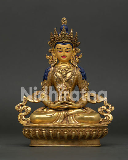 Handcrafted Amitayus Buddha on Lotus Throne Holding Tsebum Himalayan Buddhist Art.