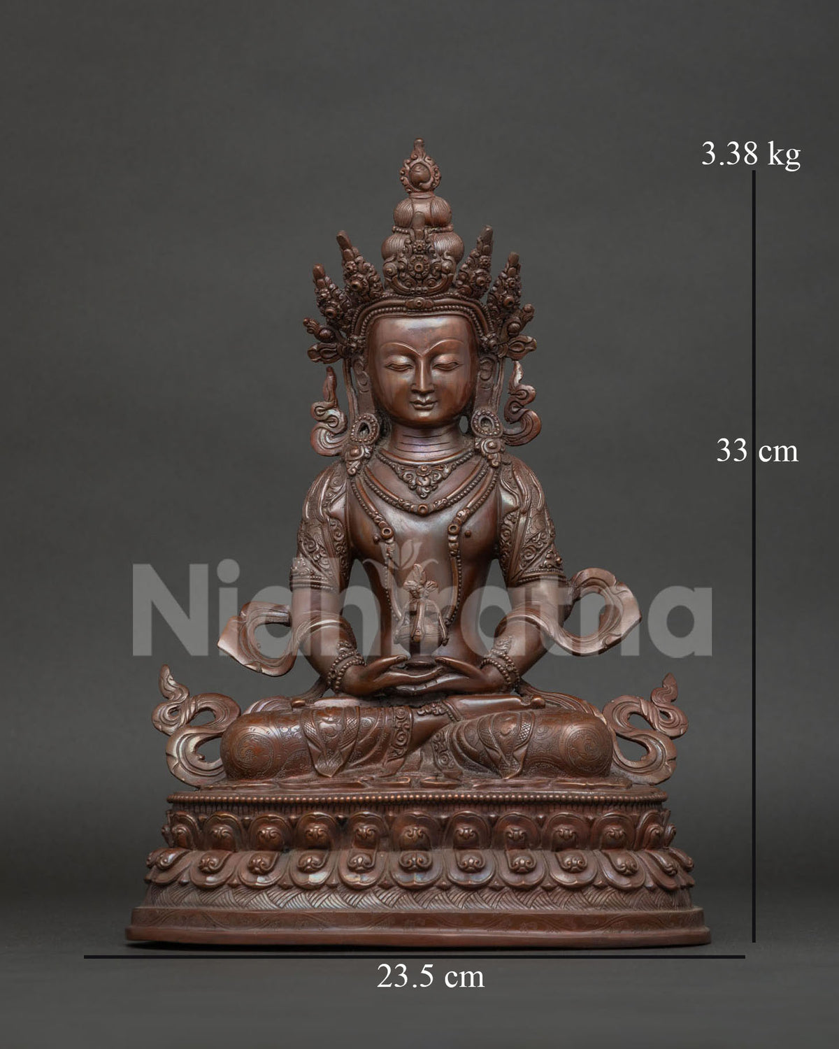 Handcrafted Amitayus Buddha Statue - copper figurine, front view
