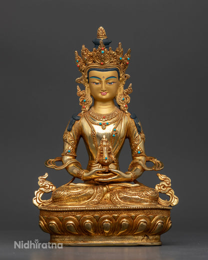 Handcrafted Amitayus Buddha statue from Nepal seated on a carved lotus pedestal.