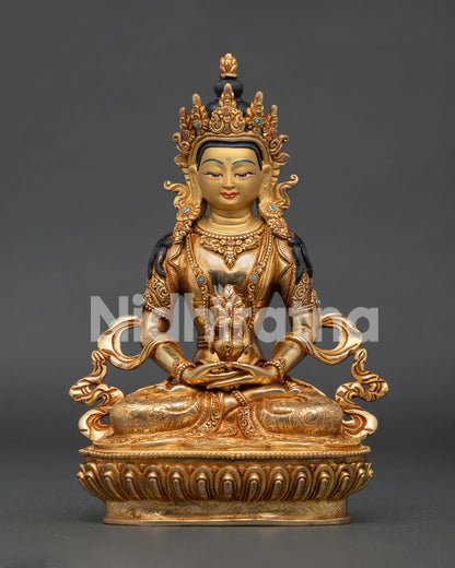 Handcrafted Amitayus Buddha Statue from Nepal with 24K gold fire gilded copper body and gemstone details