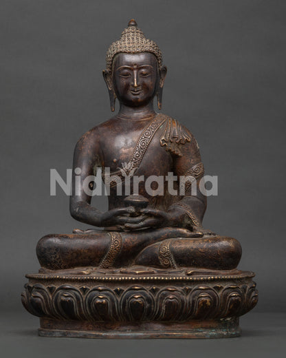 Handcrafted Amitayus Buddha statue from Patan Nepal with oxidized antique copper finish.