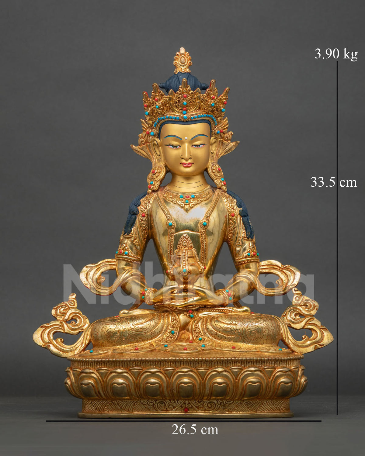 Handcrafted Amitayus Buddha statue front view, 24K gold gilded copper sculpture from Nepal