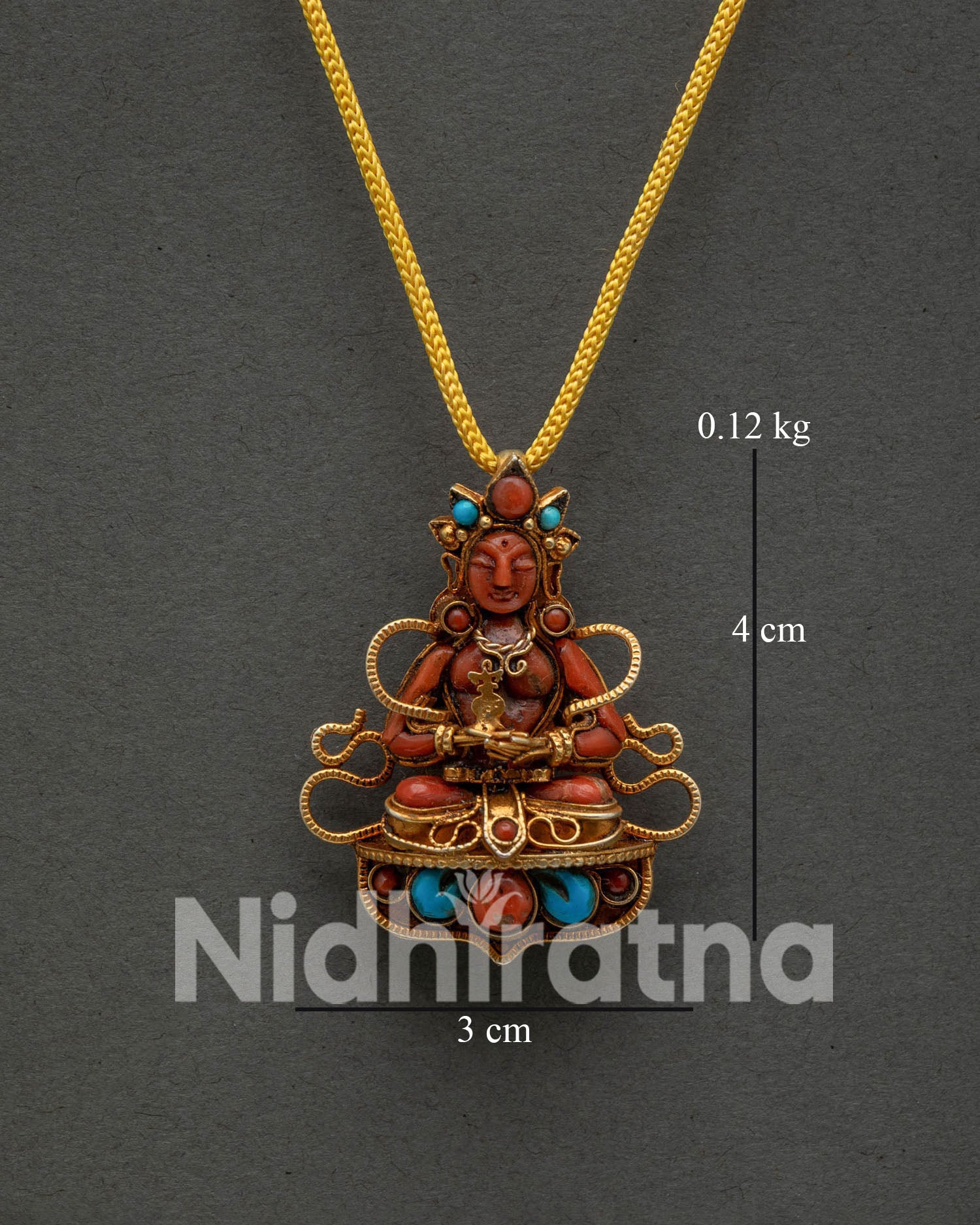 Handcrafted Amitayus Locket with Gold Plated Copper and Coral Turquoise Stone Adornments