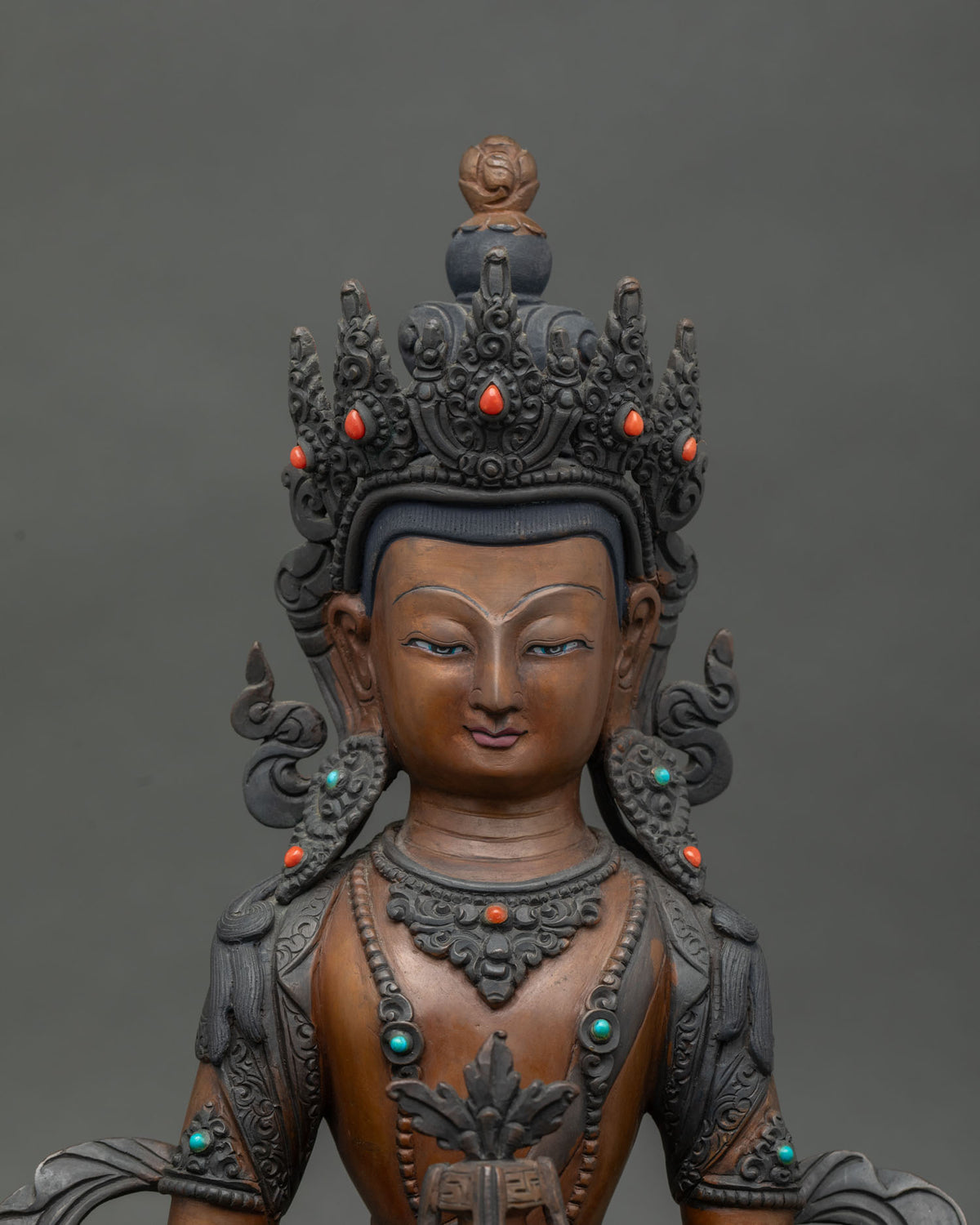 Handcrafted Amitayus Statue from Patan Nepal with jeweled five jewel crown.