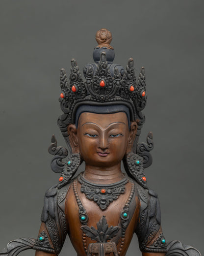 Handcrafted Amitayus Statue from Patan Nepal with jeweled five jewel crown.