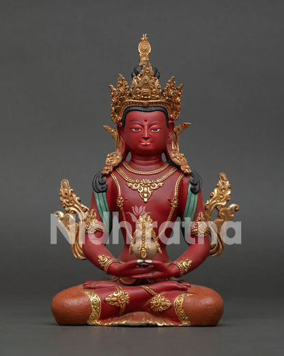 Handcrafted Amitayus Statue front view, Buddha of Longevity with Kalasha vase, Nepal